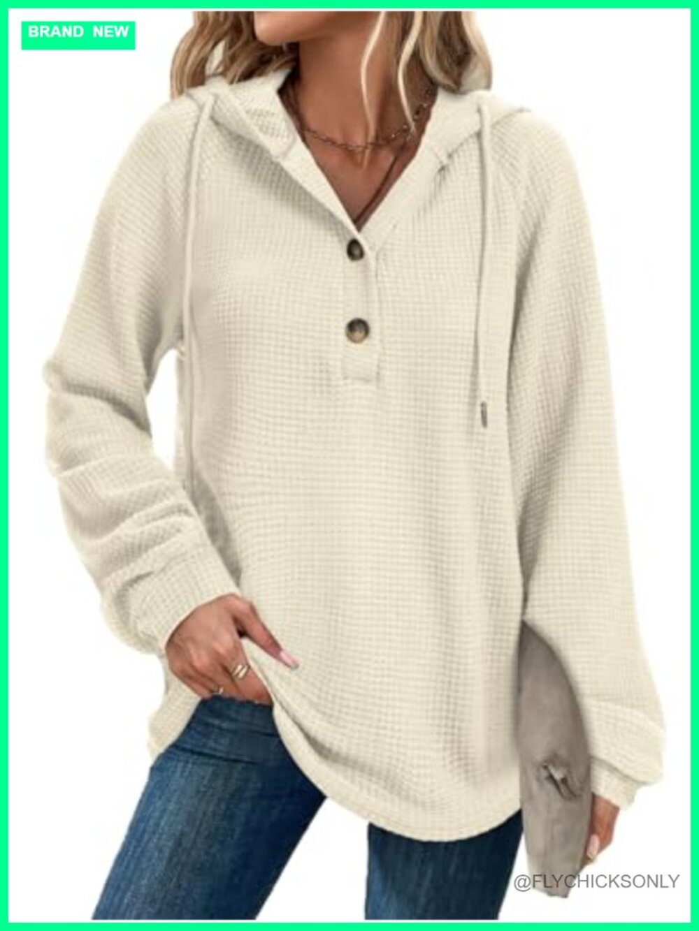 Oversized Waffle Knit Hoodie Sweatshirt Women Loose Fit Button Front